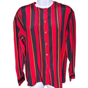 Vintage 80s Paul Stanley Womens Red Striped Silk Button Down Blouse Sz 4 Office